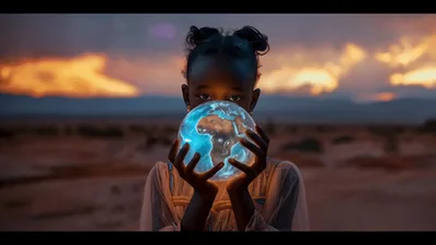 Young African Girl Holding Glowing Earth Globe