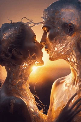 Surreal Ethereal Couple Merging In Golden Sunset Light