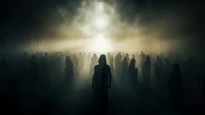 Silhouettes Of People Standing In Dense Fog