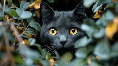 Black Cat Peeking Through Green Foliage
