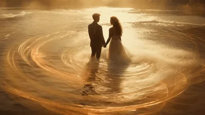 Couple Standing In Golden Water Swirl