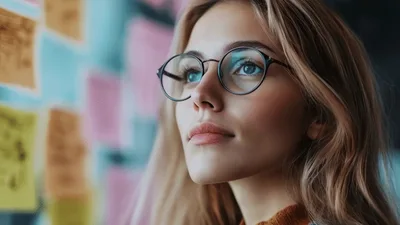 Young Woman Wearing Glasses Looking At Sticky Notes