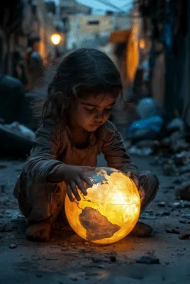 Young Girl Holding A Glowing Globe In A Ruined Street