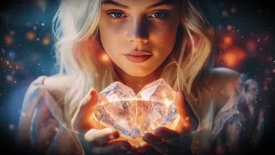 Young Woman Holding A Glowing Heart Shaped Crystal