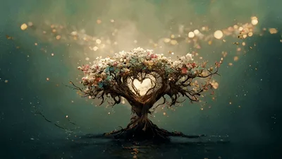 Surreal Heart Shaped Tree With Glowing Floral Canopy