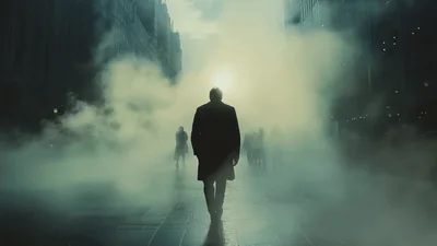 Man Walking Through Foggy City Street