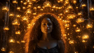 Woman With Curly Hair Surrounded By Glowing Lanterns