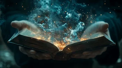 Hands Holding An Open Magical Glowing Book