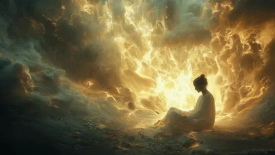 Silhouette Of A Meditating Figure In Golden Clouds