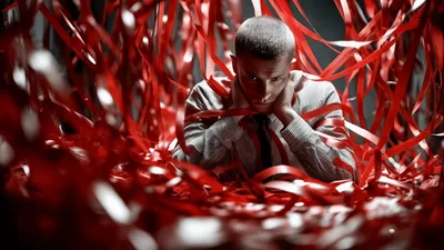 Stressed Businessman Surrounded By Red Ribbons