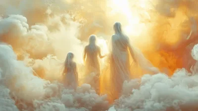 Three Ethereal Figures Walking Through Golden Clouds