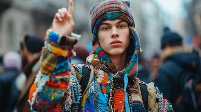 Young Man Wearing Colorful Patchwork Clothing Outdoors