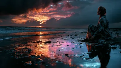 Solitary Person Sitting On A Dark Beach At Sunset