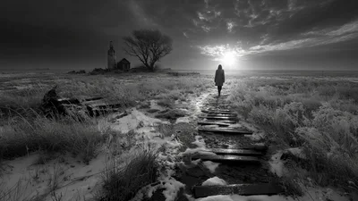 Lone Woman Walking Toward Horizon On Snowy Path
