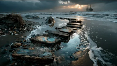 Wooden Planks Forming A Path On A Stormy Beach