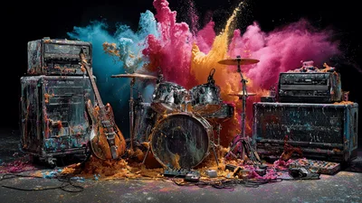 Musical Instruments Covered In Colorful Exploding Powder