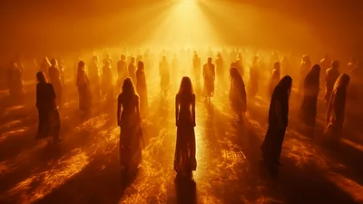 Group Of Ethereal Figures Standing In Golden Light