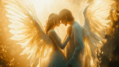 Ethereal Angelic Couple Embracing In Golden Light