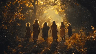 Group Of Children Walking Through A Golden Forest