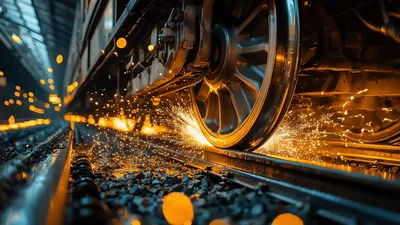 Train Wheel Grinding Sparks On Railway Tracks