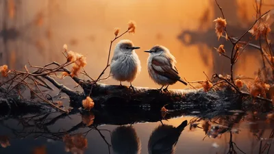 Two Small Birds Perched On A Log Over Water