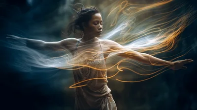 Woman Dancing With Ethereal Light Trails