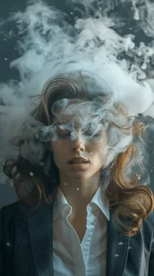 Woman With Closed Eyes Surrounded By Thick White Smoke