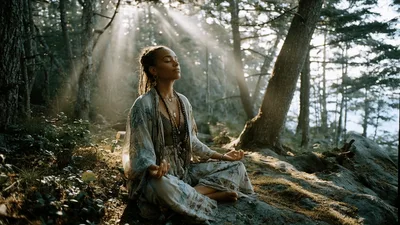 Woman Meditating In A Sunlit Forest