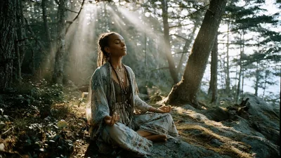 Woman Meditating In A Sunlit Forest
