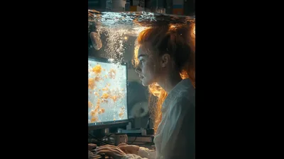 Woman Working On Computer Underwater In Surreal Setting