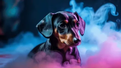 Dachshund Dog Surrounded By Colorful Neon Smoke