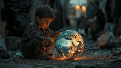 Young Boy Crouching Beside A Glowing Earth Globe