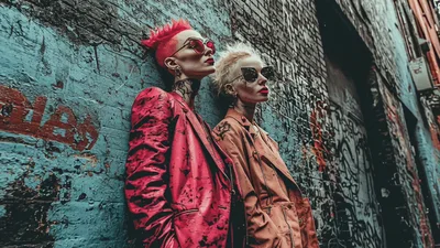 Two Edgy Women Posing Against Graffiti Brick Wall