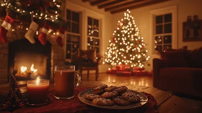 Cozy Christmas Living Room With Hot Cocoa And Cookies