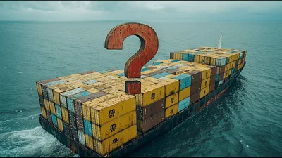 Cargo Ship Carrying Containers With Large Question Mark
