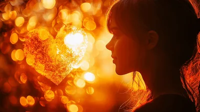 Young Woman Gazing At Glowing Heart Shape