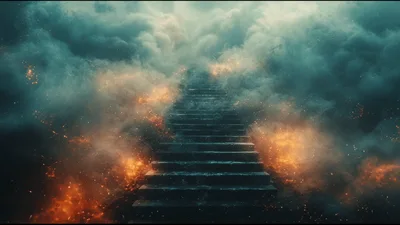 Stone Staircase Ascending Into Glowing Clouds And Fire