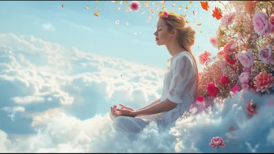 Woman Meditating Amidst Clouds And Floating Flowers
