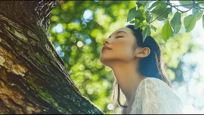 Young Woman Relaxing Outdoors Near A Large Tree