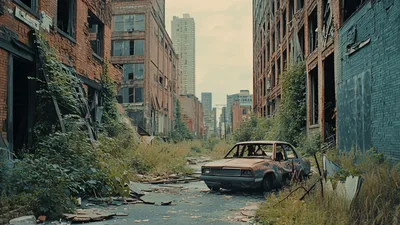 Abandoned City Street With Overgrown Vegetation And Wrecked Car