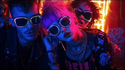Group Of Cyberpunk Friends Wearing Neon Light Up Sunglasses