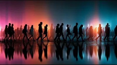 Silhouettes Of People Walking In A Crowd