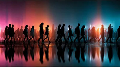 Silhouettes Of People Walking In A Crowd