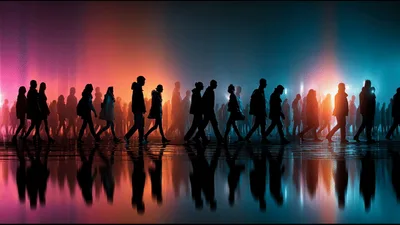 Silhouettes Of People Walking In A Colorful Fog