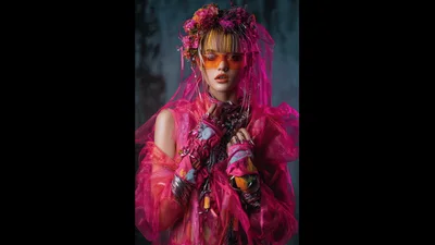 Fashion Model Wearing Avant Garde Pink Floral Headpiece