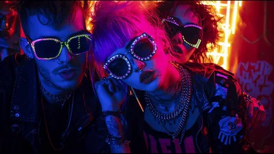 Group Of Stylish Young People Wearing Neon Light Sunglasses