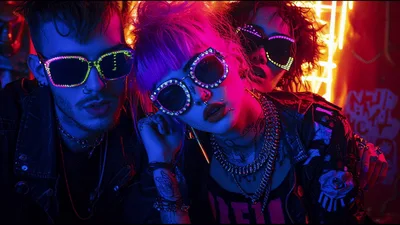 Group Of Young People Wearing Neon Light Up Sunglasses