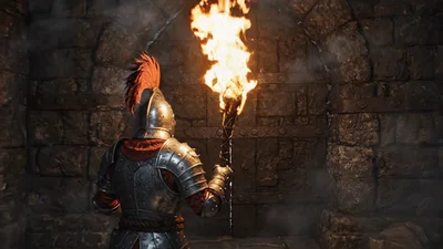 Knight Holding A Flaming Torch In A Dark Dungeon