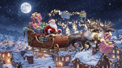 Santa Claus Flying Sleigh Over Snowy Village At Night