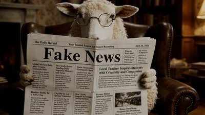 Anthropomorphic Sheep Reading Fake News Newspaper